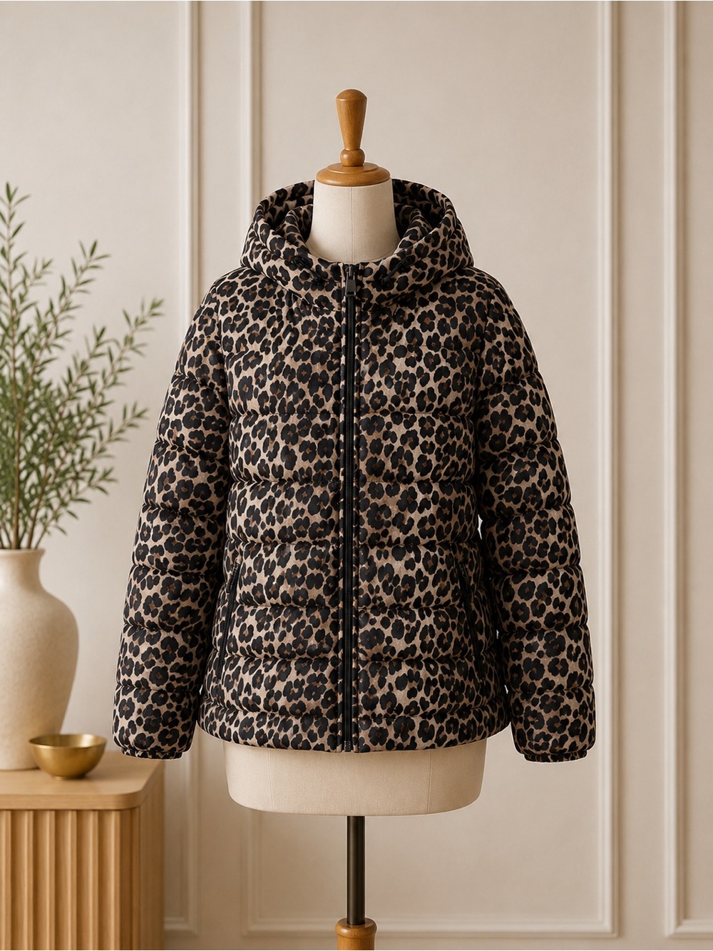 NWT DKNY Leopard Print Puffer Jacket Coat Hooded Zip Water Resistant Medium